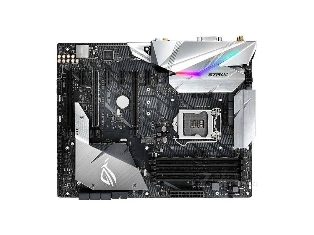Black ATX motherboard with silver heatsinks and red accents, LGA 1151 socket visible