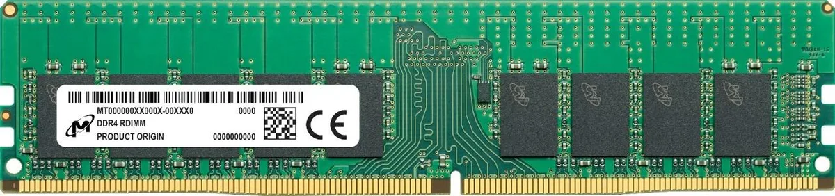 Green rectangular DDR4 RDIMM module with gold edge connectors and black memory chips