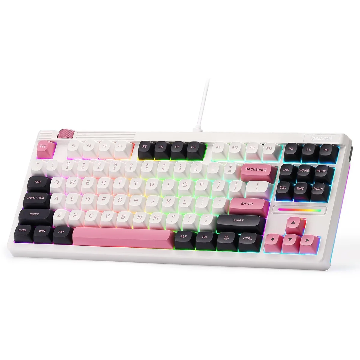 Black compact mechanical keyboard with 87 keys, rotary knob and side RGB lighting