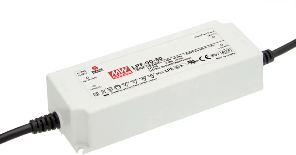 Rectangular metal power supply unit with mounting flanges and cable glands