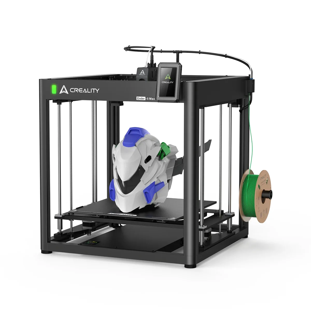 Creality Ender-5 Max CoreXY 3D printer, black metal frame, open build area, 4.3-inch touchscreen, spool holder on side