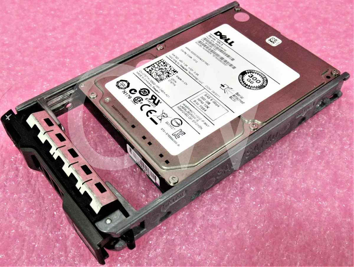 A silver 2.5 inch SAS hard drive mounted in a black Dell PowerEdge server caddy