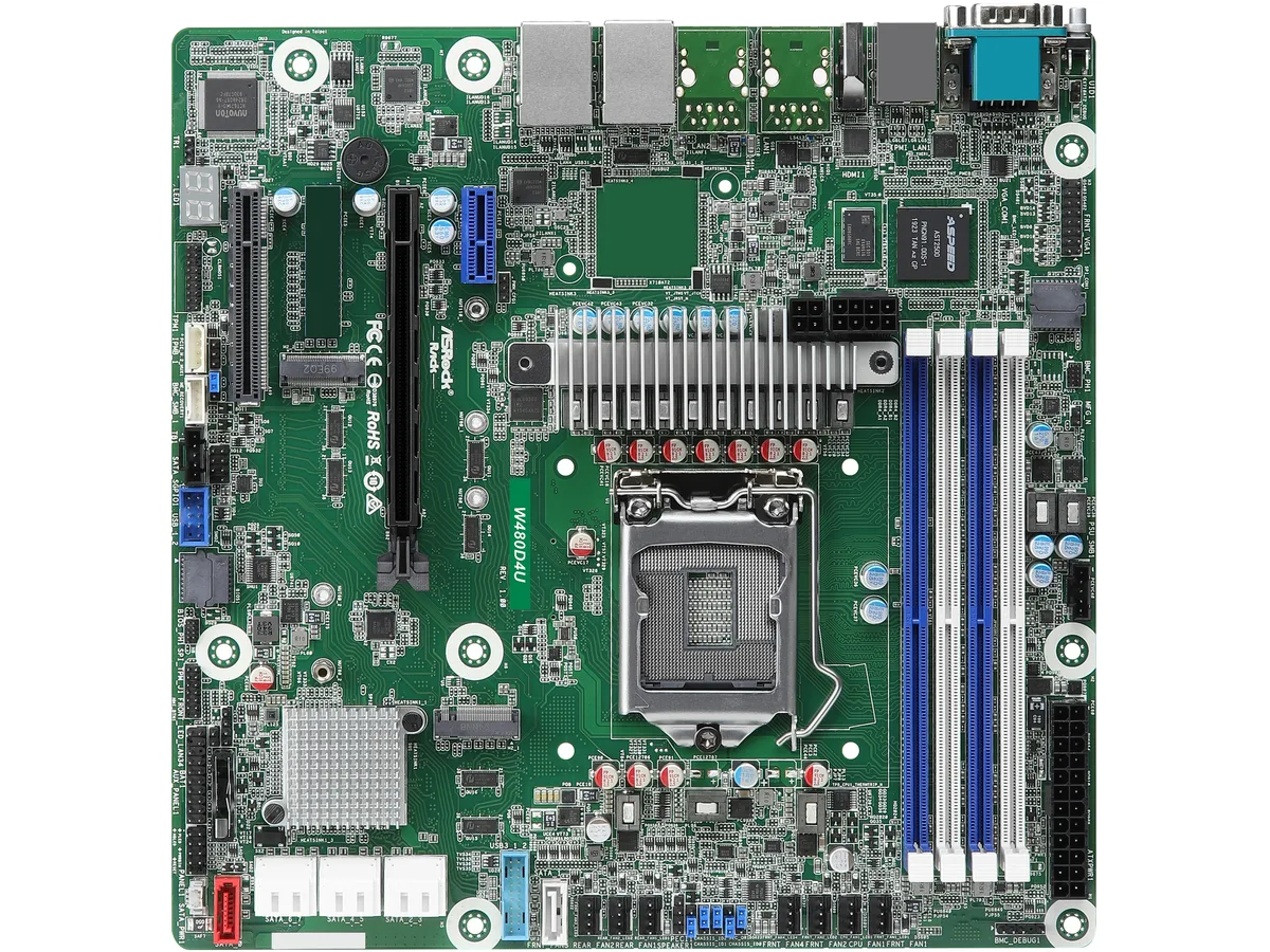 Green mATX server board, LGA 1200 socket, four DDR4 slots, eight SATA ports, two M.2 slots, dual RJ45 LAN, HDMI and D-Sub video