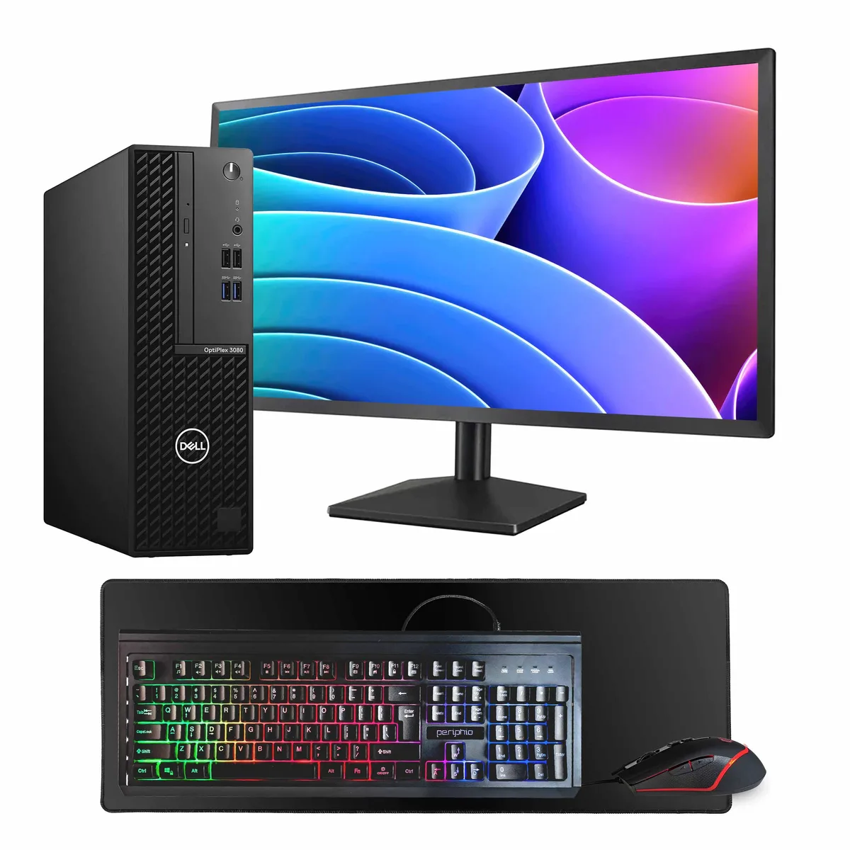 Black Dell OptiPlex 3080 tower with 24 inch monitor keyboard mouse