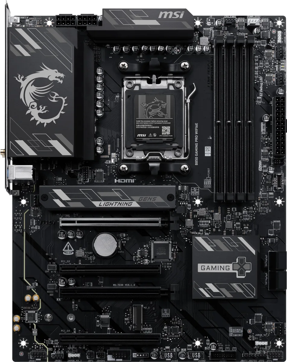 Black ATX motherboard with silver heatsinks, four DDR5 slots and rear I/O shield