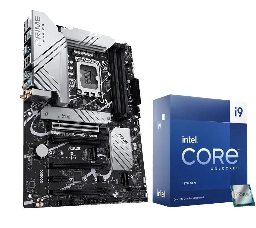 Square green processor with gold contacts and silver heat spreader, boxed with motherboard
