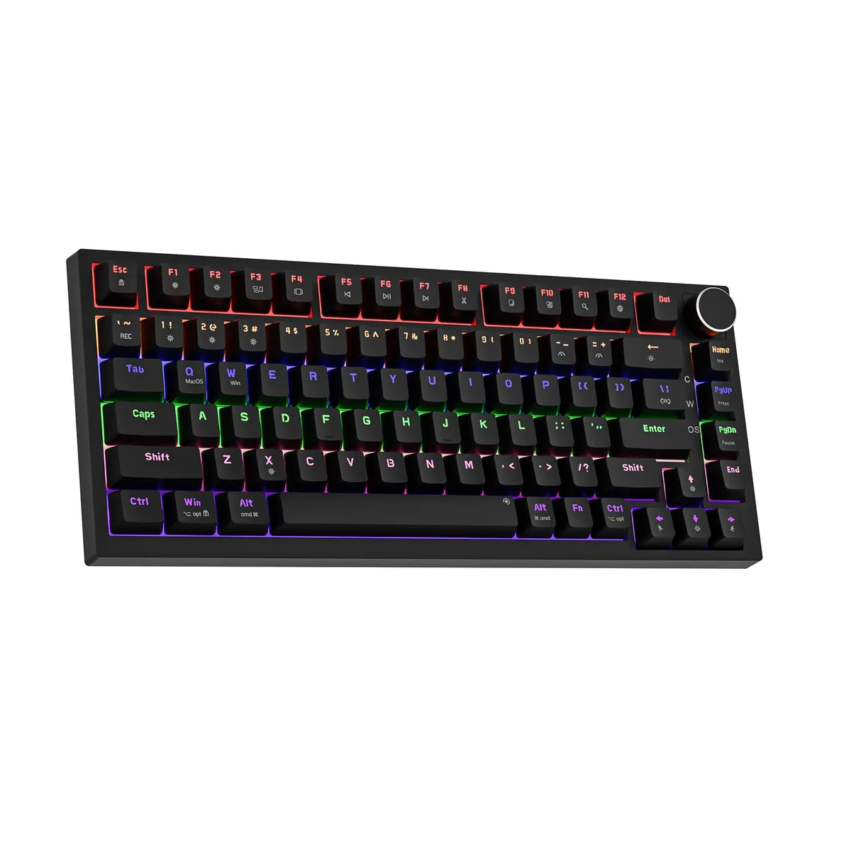 Black 75% mechanical keyboard with rainbow backlight and volume knob