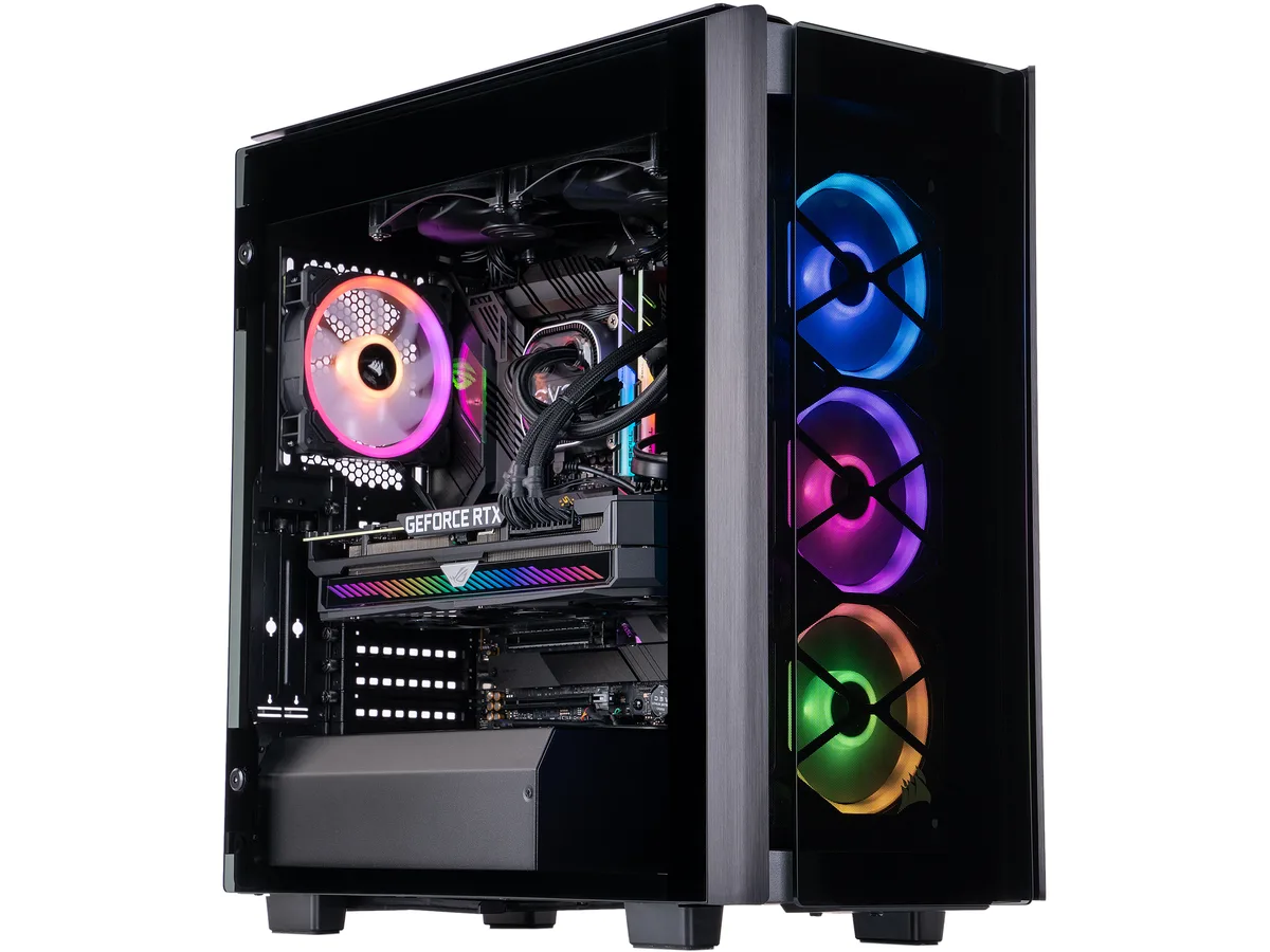 Mid-tower gaming desktop in black RGB case with tempered glass side panel