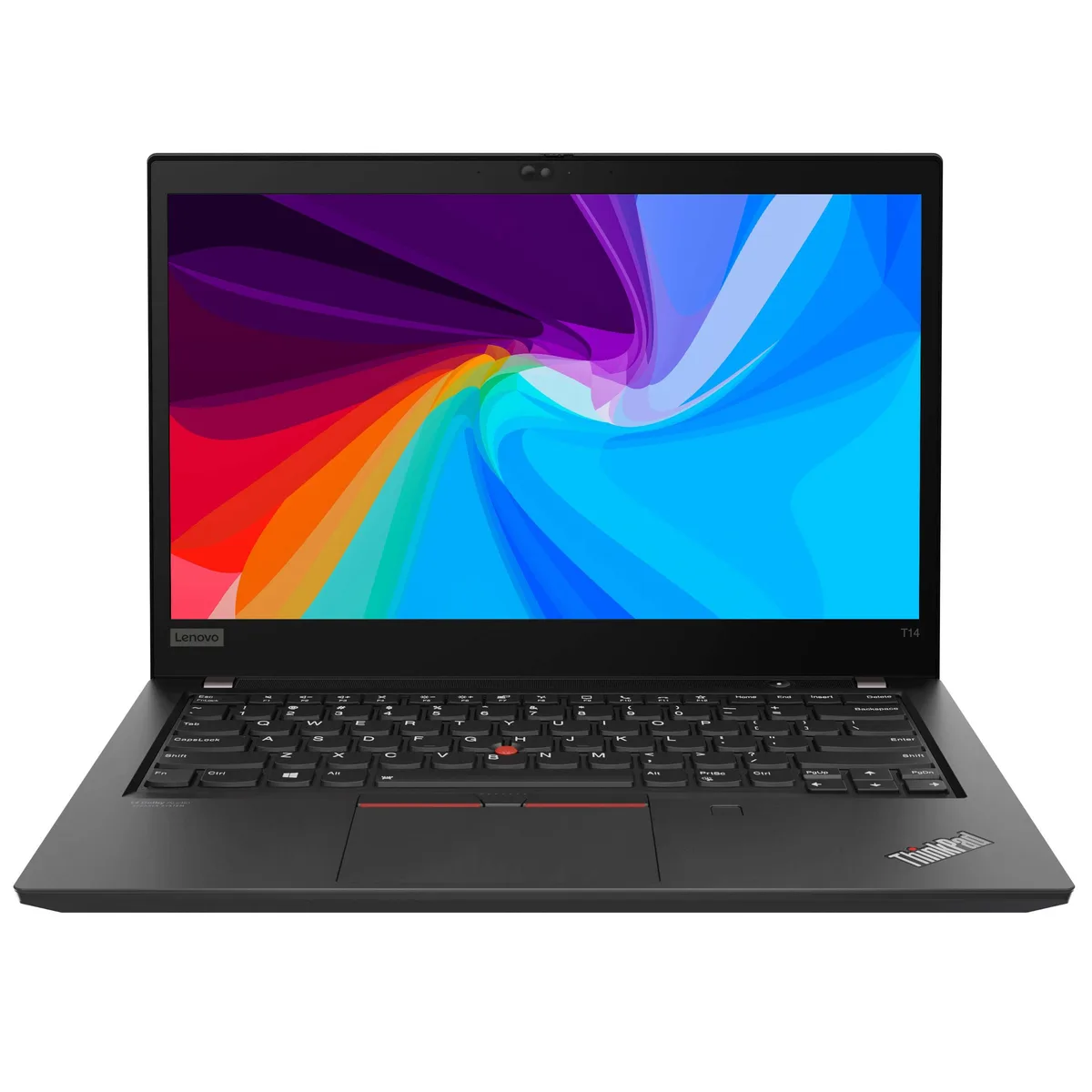 Black 14 inch ThinkPad T14 Gen 2 laptop with matte finish and webcam