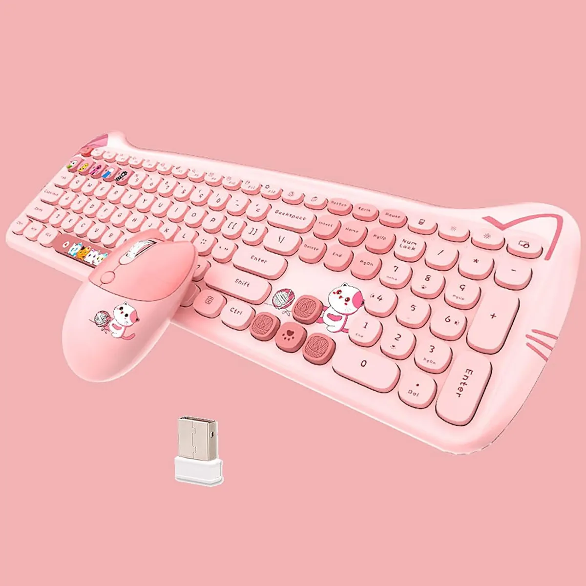 TUKO TUKO Cute Cat 2.4G Wireless Keyboard & Mouse Combo Pink 110 Keys — produktbild