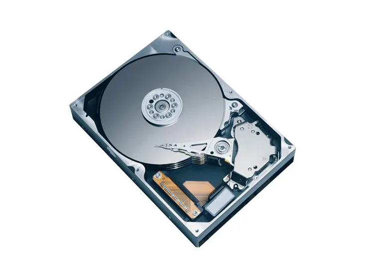 Silver 3.5 inch bare hard drive with green circuit board and model label