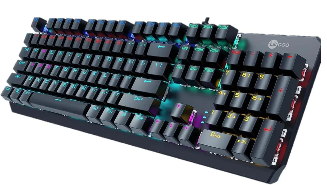 Black full-size wired mechanical keyboard with metal top panel and RGB backlight