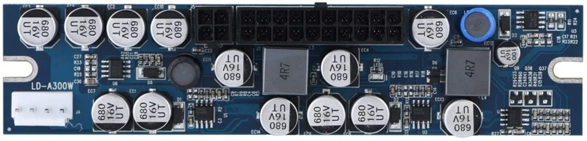 Green circuit board module with 24-pin ATX connector and DC input cables, compact rectangular shape