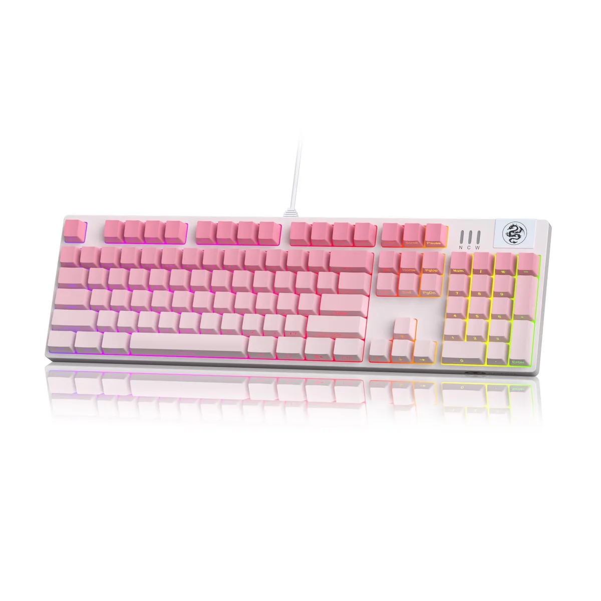 Black full-size mechanical keyboard with rose powder red switches and side-printed keycaps