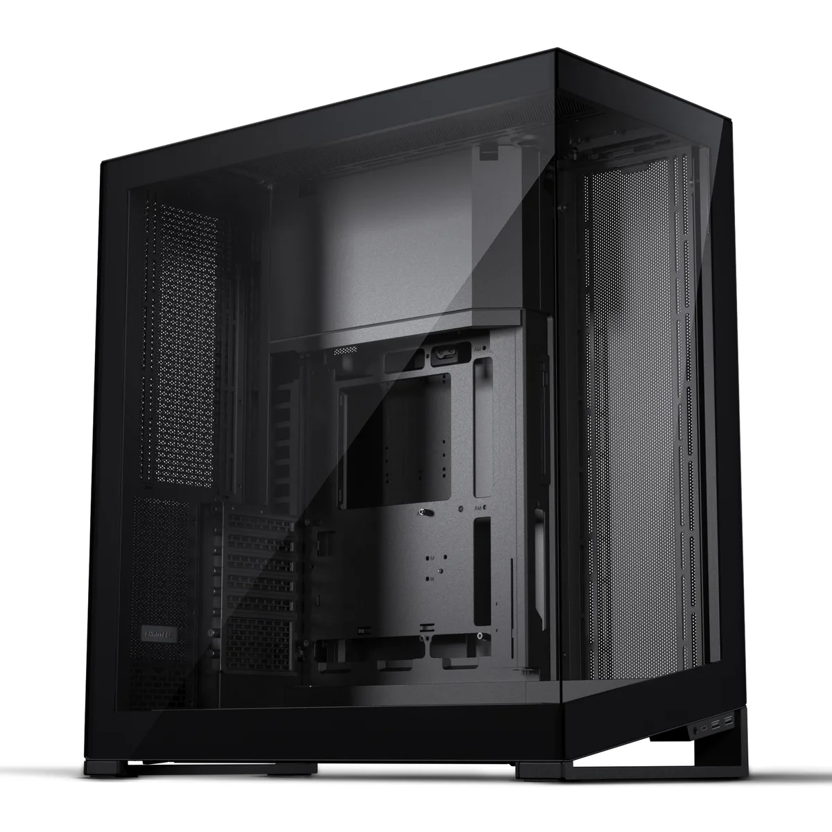 Black full-tower case with seamless tempered glass panels, steel frame, centered motherboard layout