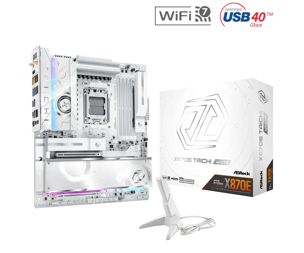 White EATX motherboard with silver heatsinks and full-coverage VRM armor