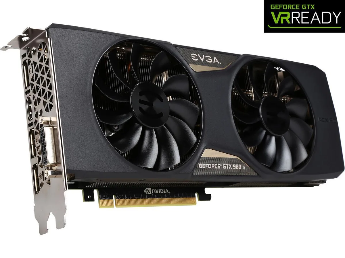 Full-length dual-slot graphics card in matte black with silver ACX 2.0+ dual-fan cooler and installed metal backplate