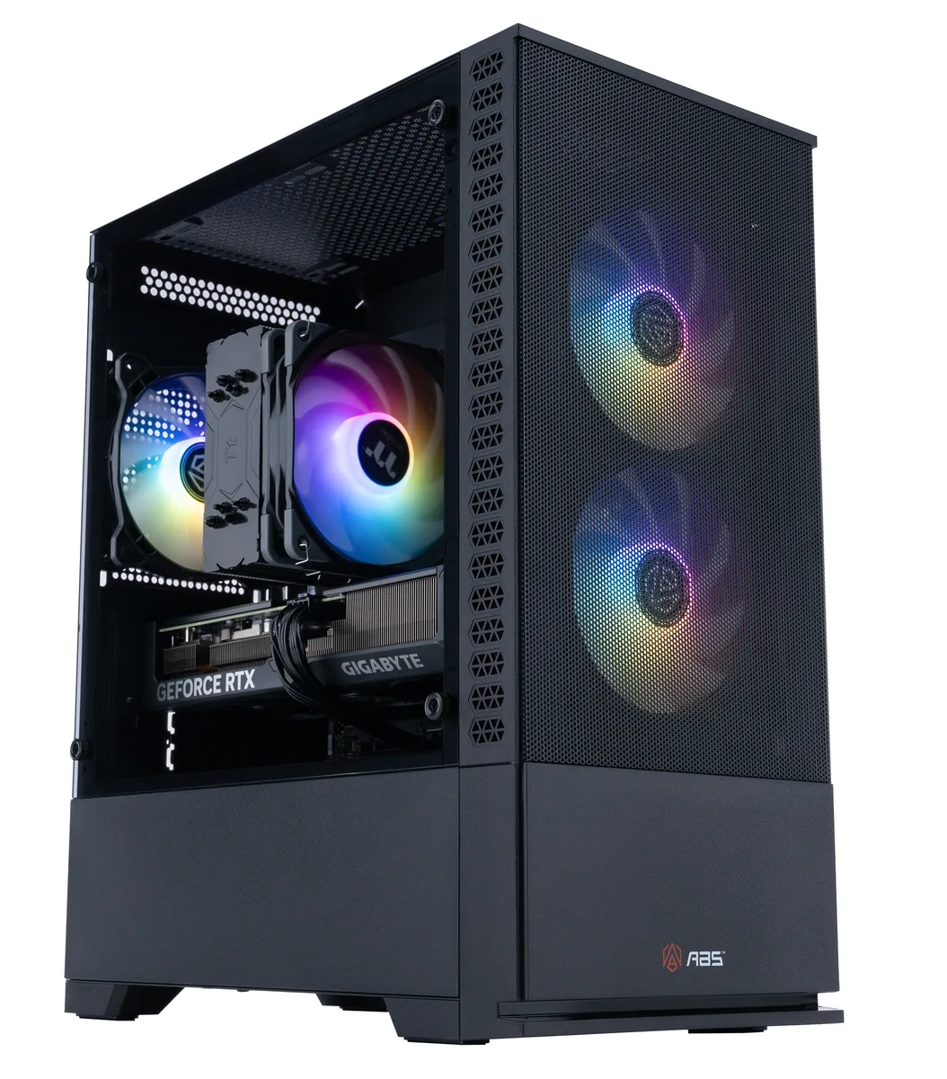 Black micro-tower gaming desktop with side panel window showing internal components