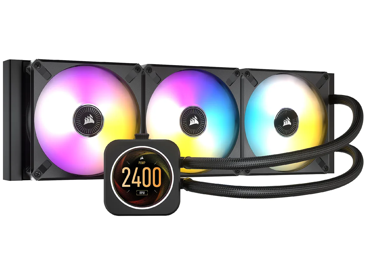 Corsair H150i ELITE LCD liquid cooler with 397 mm aluminum radiator, three 120 mm RGB fans and 2.1 inch IPS display