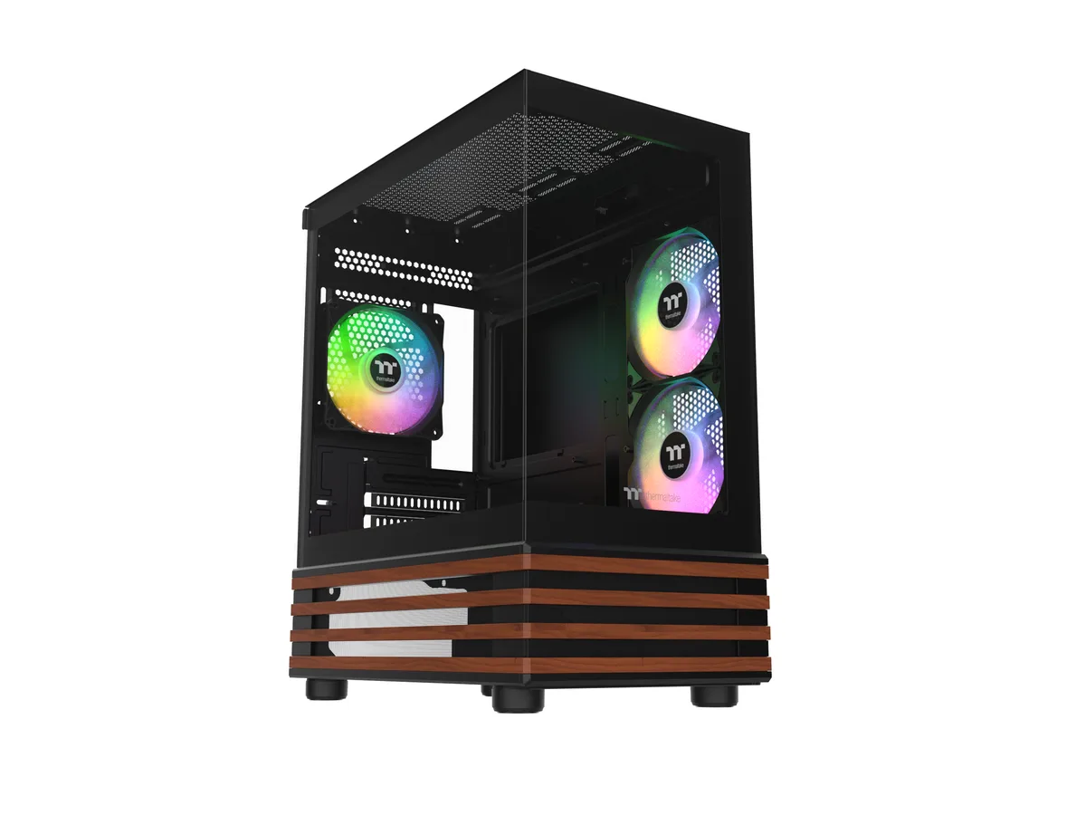 Black micro tower case with wood bottom trim, tempered glass front and side panels, three 120mm ARGB fans visible inside