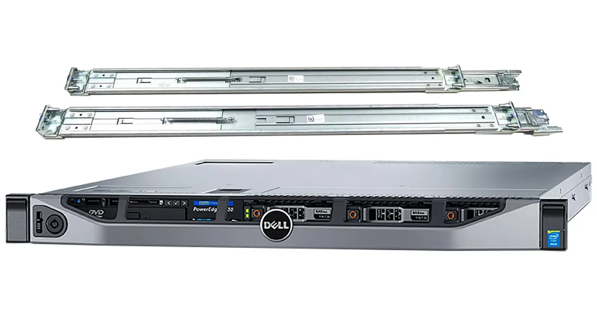 Silver 1U rack server with eight 2.5 inch drive bays, rail kit attached