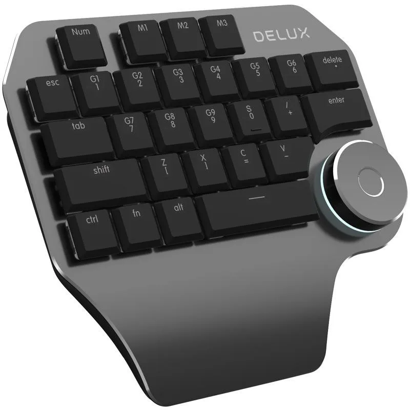 Compact black one-hand gaming keyboard with 29 mechanical low-profile keys and RGB backlighting