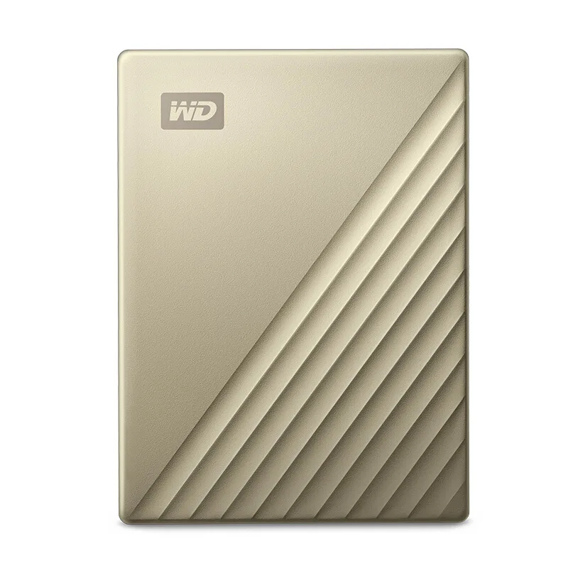 Gold rectangular portable hard drive with smooth metal finish, USB-C cable and adapter included