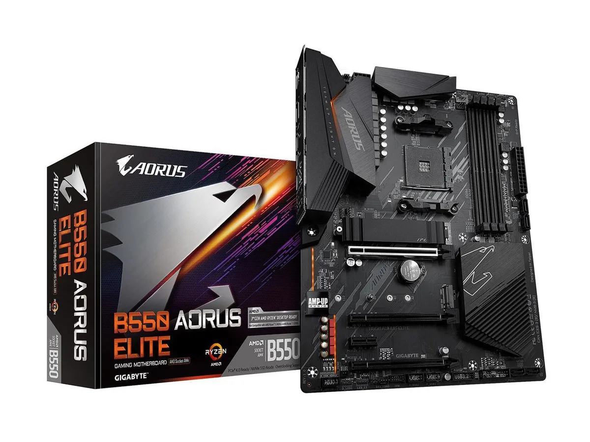 ATX motherboard with black heatsinks and silver accents