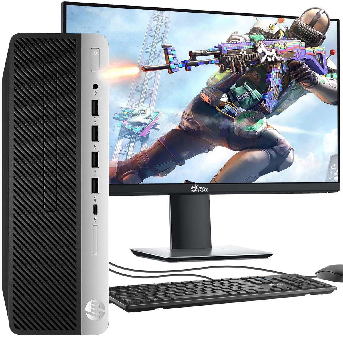 Black small-form-factor desktop tower with 24-inch monitor keyboard and mouse