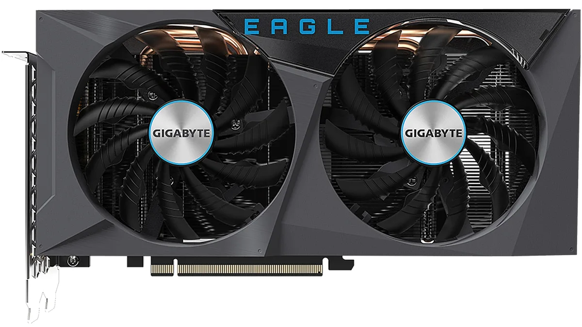 Black dual-fan graphics card with metal backplate