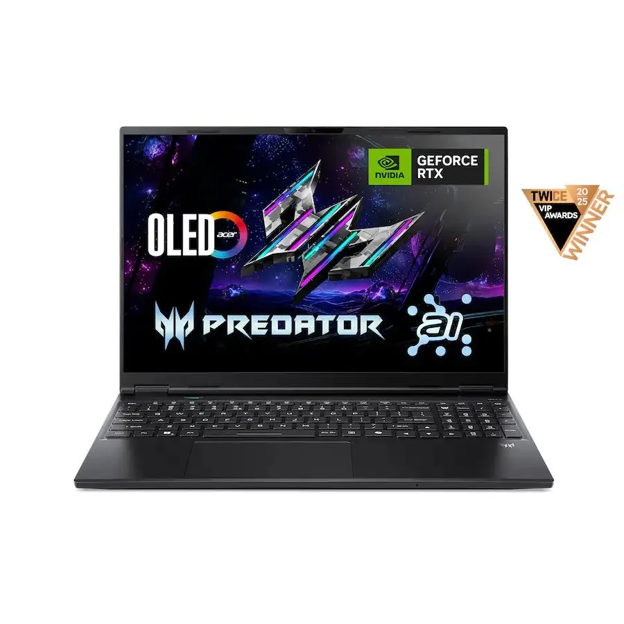 Black 16 inch gaming laptop with OLED screen and backlit keyboard
