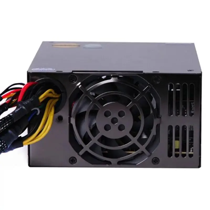 Rectangular black ATX power supply with a cooling fan and cable bundle