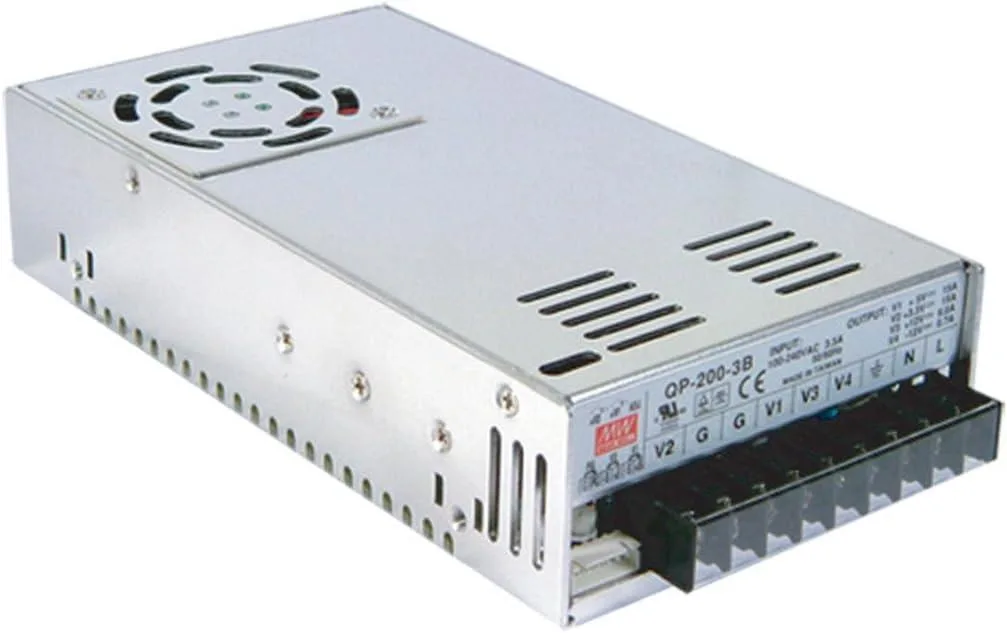 Rectangular metal power supply unit with built-in cooling fan