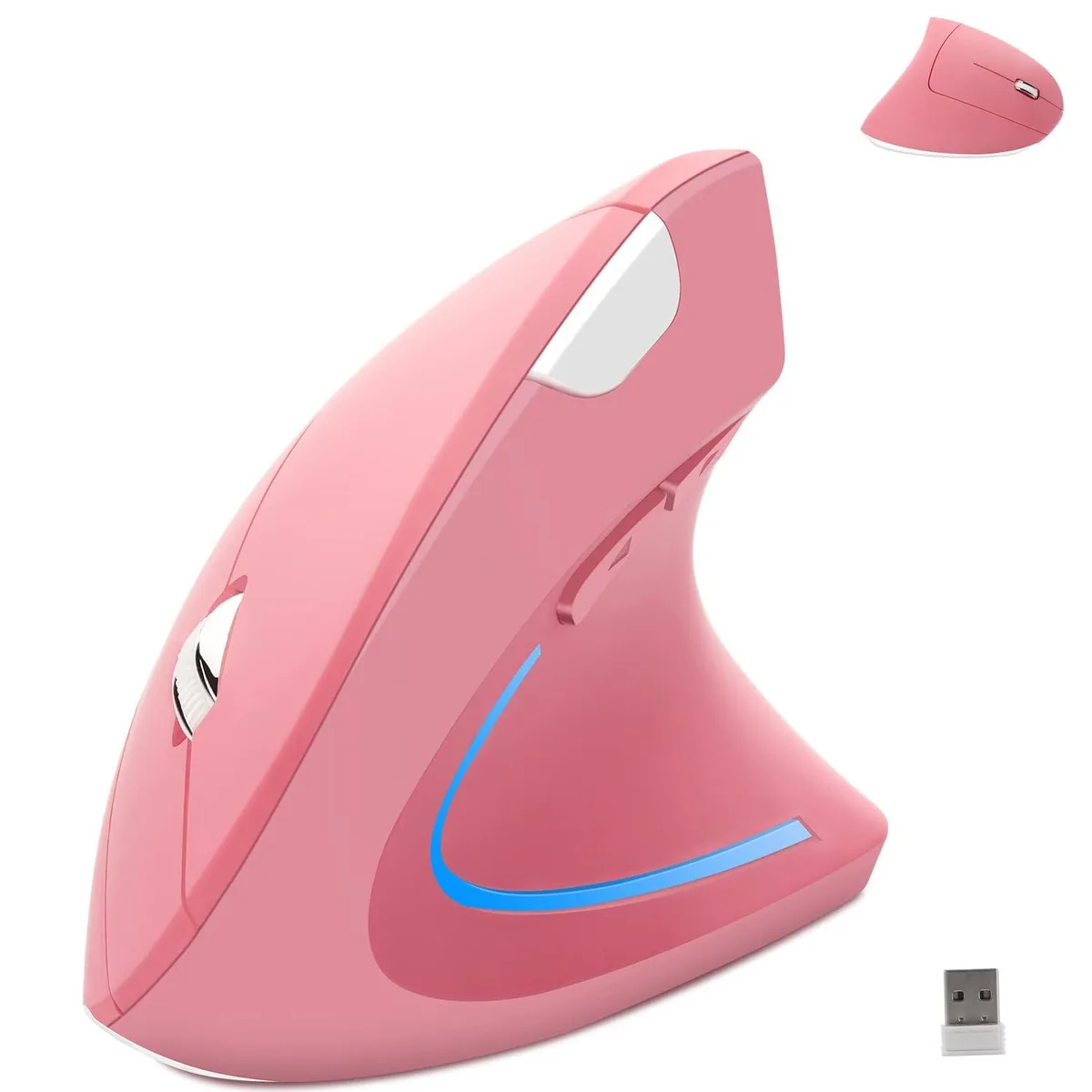 Pink vertical wireless mouse with rubberised finish and LED light