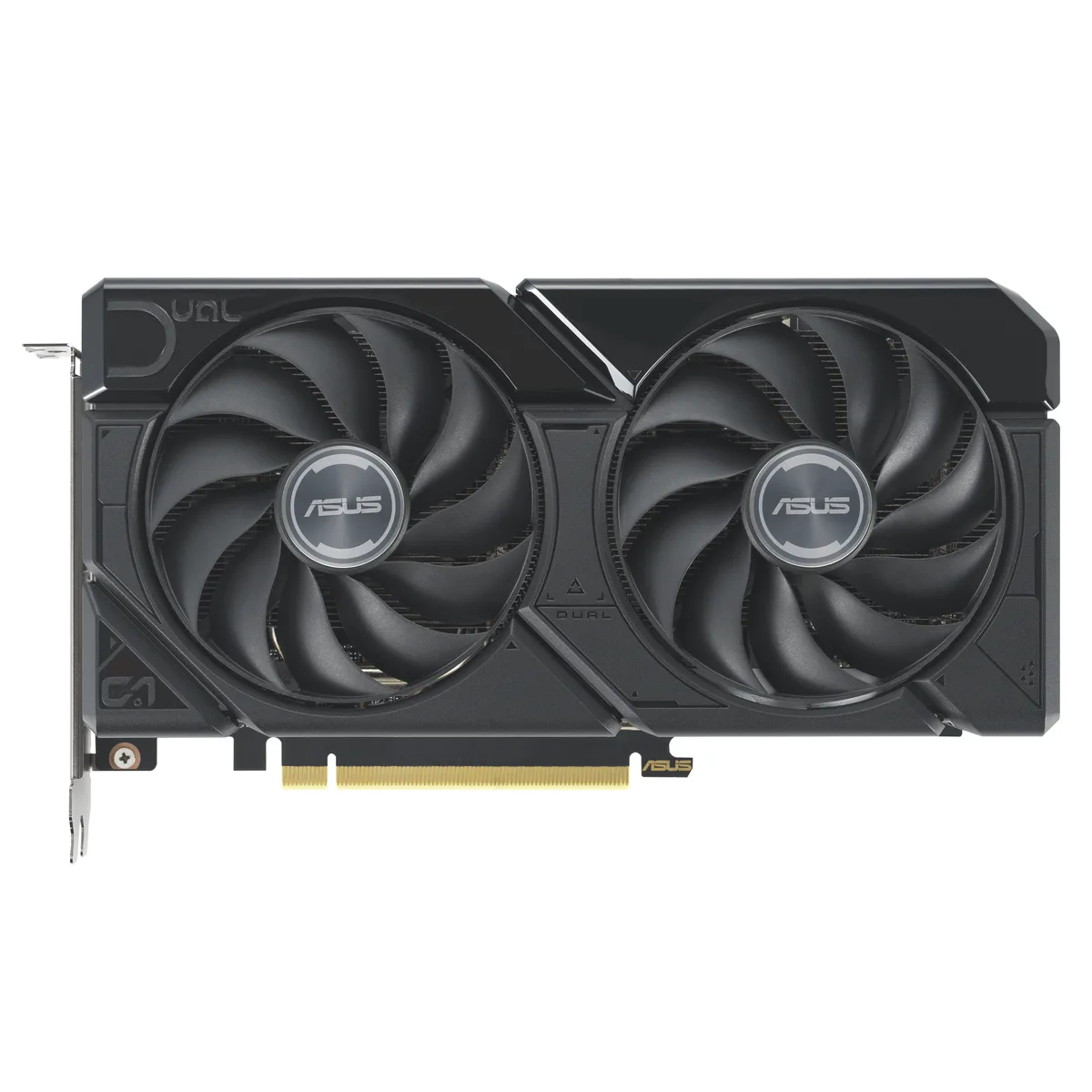 ASUS Dual Radeon RX 7600 XT graphics card with two axial fans and metal backplate