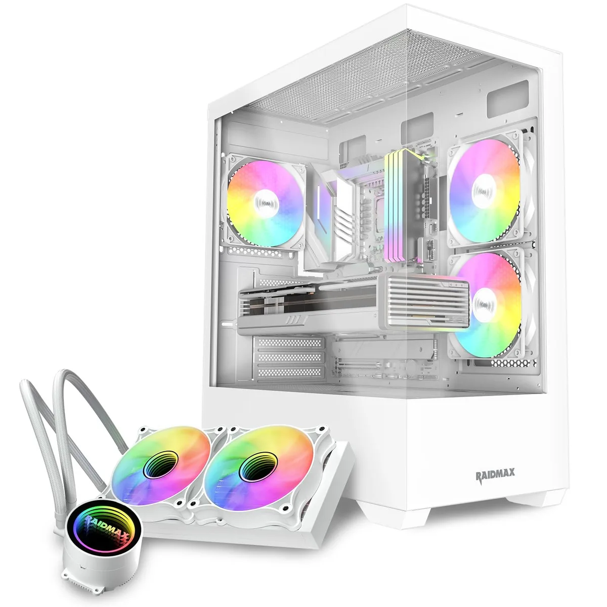 Raidmax Raidmax I801 Panoramic Tempered Glass Mid Tower ATX PC Case White with 3 ARGB Fans and 240mm AIO — product photo
