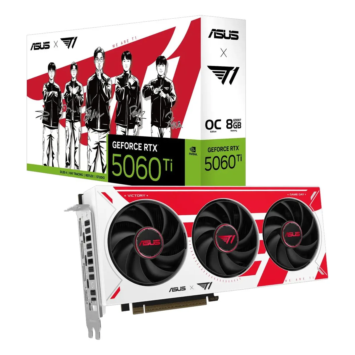 ASUS T1 RTX 5060 Ti dual-fan graphics card with silver shroud and metal backplate