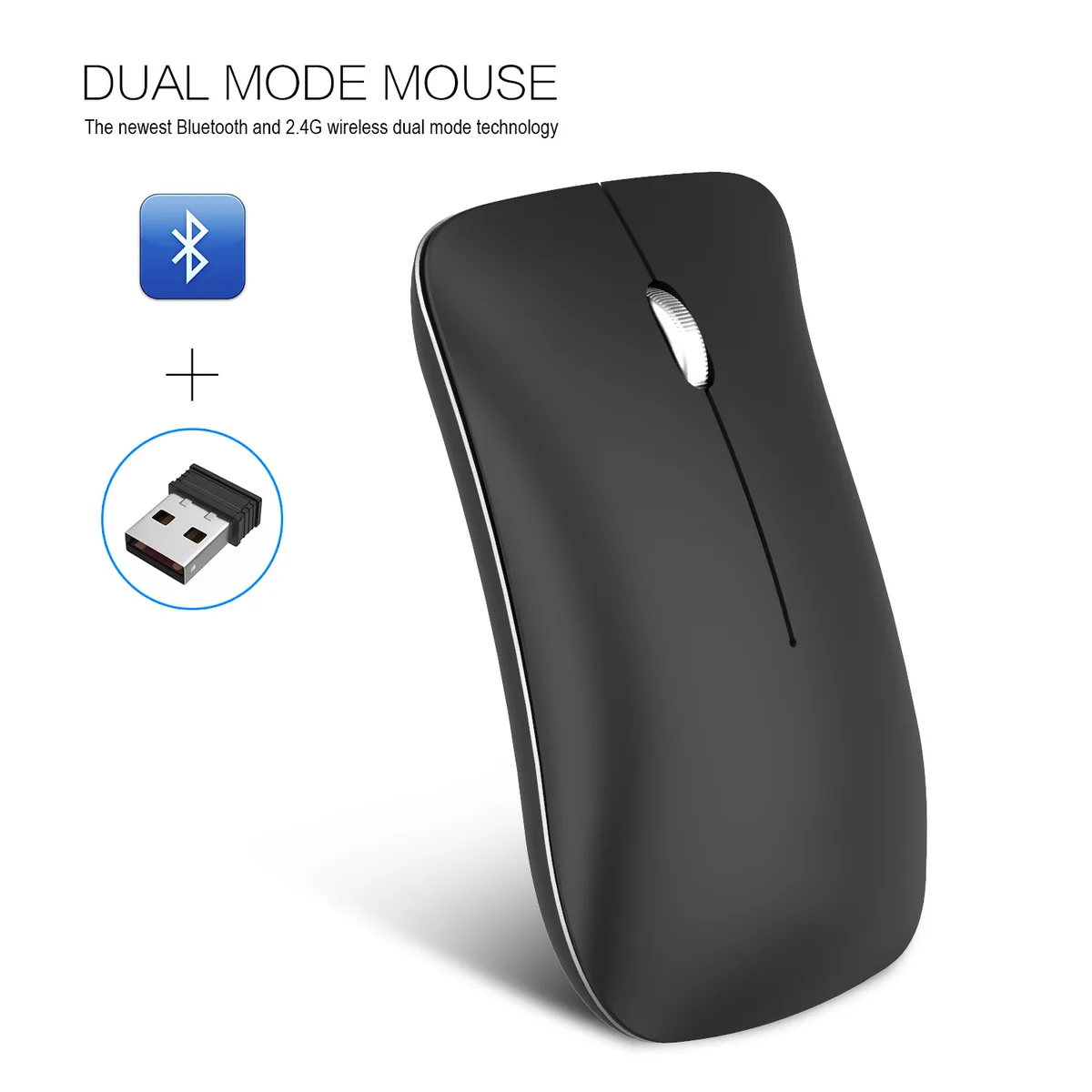 Black vertical gaming mouse with USB receiver and charging cable