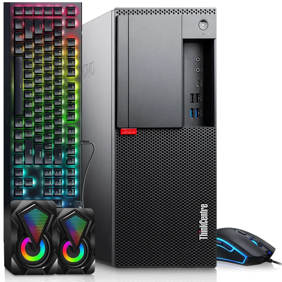 Black Lenovo ThinkCentre M720t tower desktop with RGB keyboard, mouse and speakers