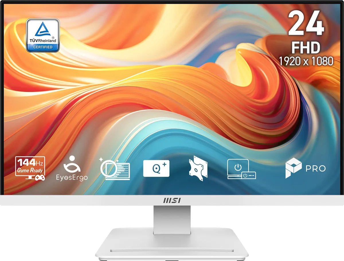 White 23.8 inch flat monitor with slim frameless bezel and compact base stand