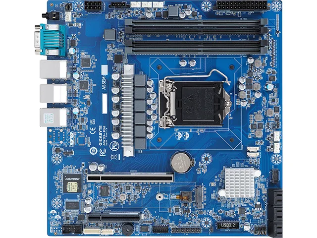 Green rectangular Micro ATX server motherboard with silver sockets and black expansion slots