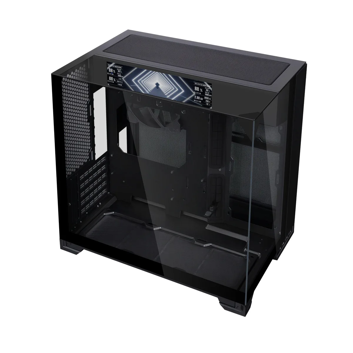 Black mATX mid-tower case with three tempered glass panels and a 9.2 inch LCD screen on the front
