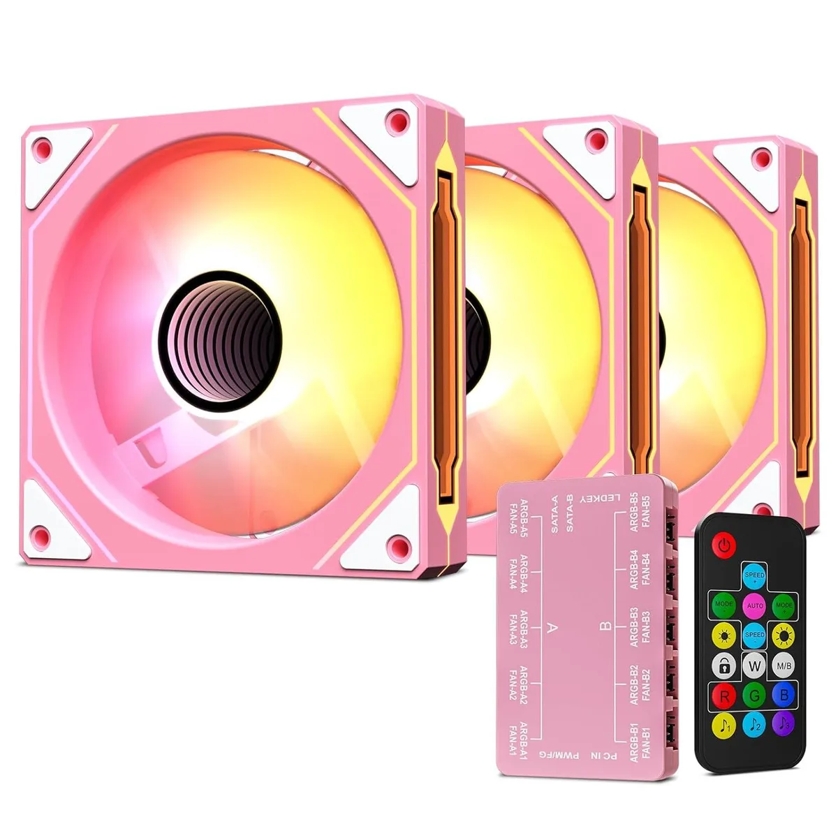 Three pink 120 mm square case fans with infinite mirror centres and clear blades, shown with a small ARGB controller and remote