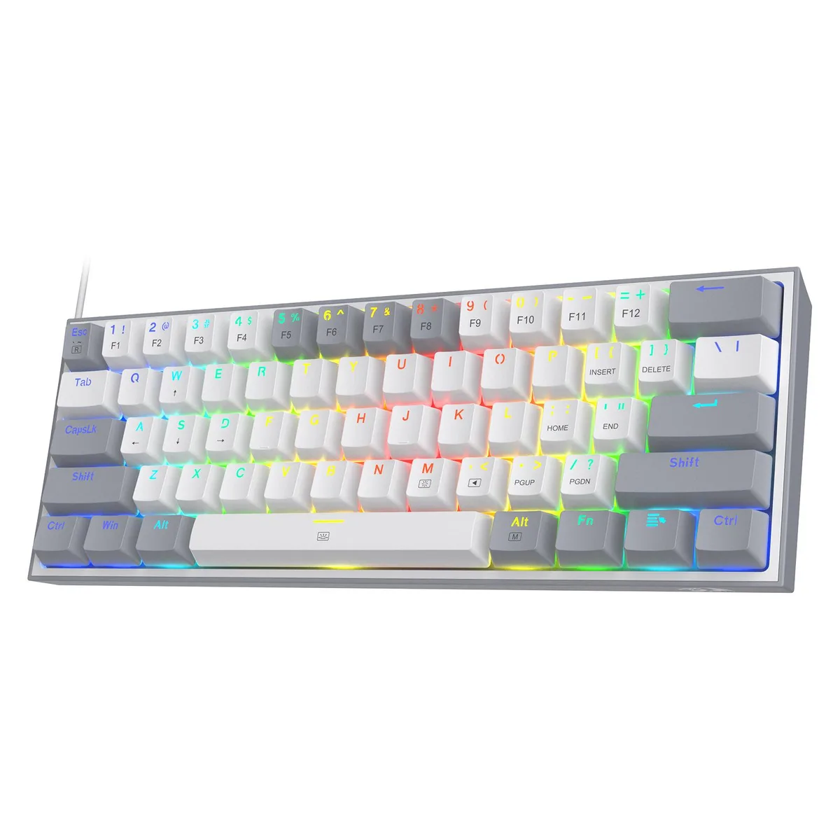Compact 60% wired mechanical keyboard in white and grey keycaps with RGB backlighting and USB-C cable