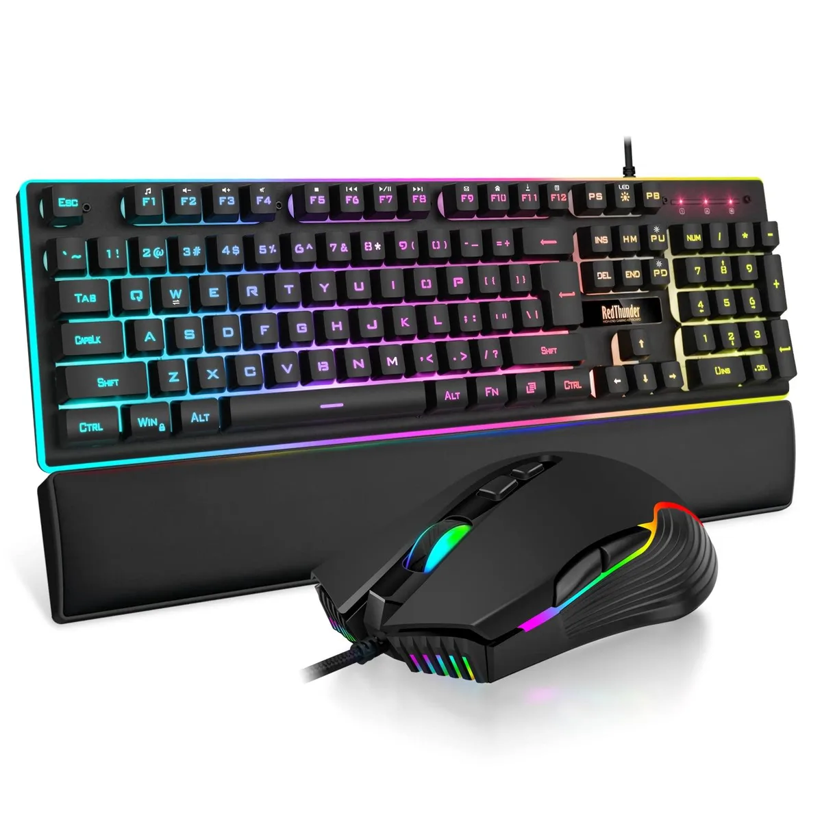 Black 104-key membrane keyboard with RGB lighting, matching ambidextrous mouse and detachable faux-leather wrist rest