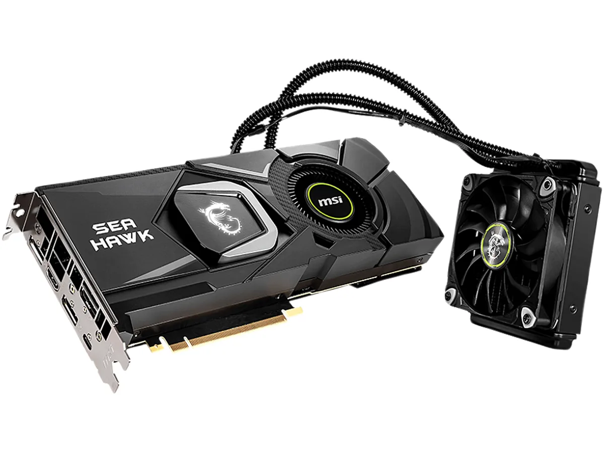 MSI RTX 2080 SUPER SEA HAWK X hybrid graphics card with black metal shroud and attached liquid cooling radiator