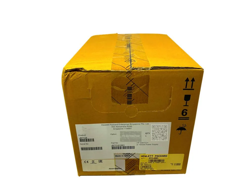Rectangular silver metal power supply unit with ventilation grille and label