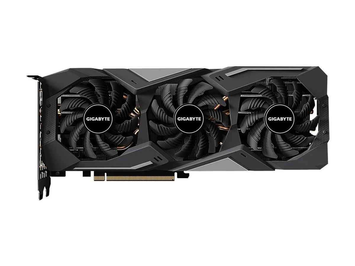 Black dual-slot graphics card with three axial fans and metal backplate