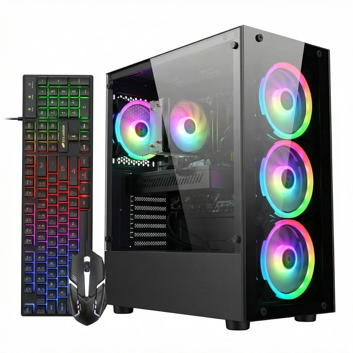 Mid-tower gaming desktop with six RGB fans, RGB keyboard and mouse, matte black finish