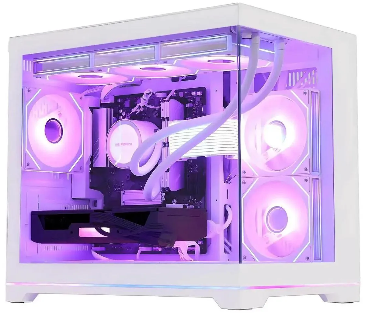 White mid-tower gaming desktop with 360 liquid cooler and ARGB fans